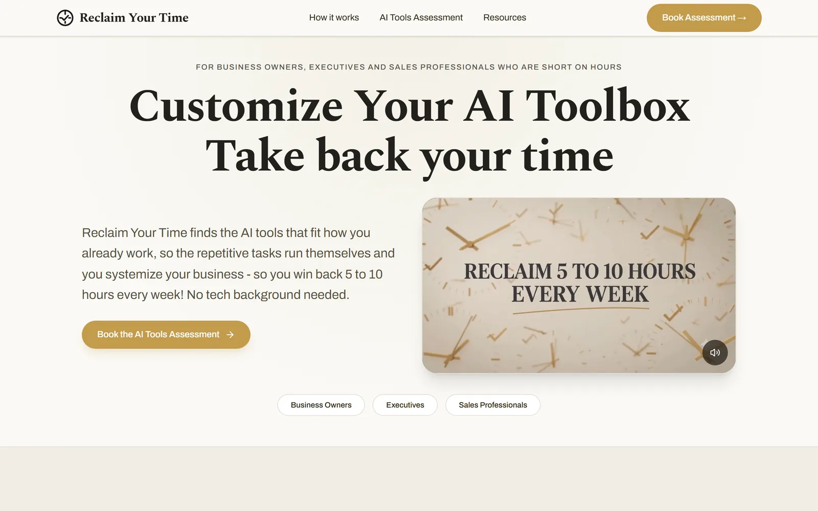 Reclaim Your Time home page: Customize Your AI Toolbox, Take back your time, with a booking button