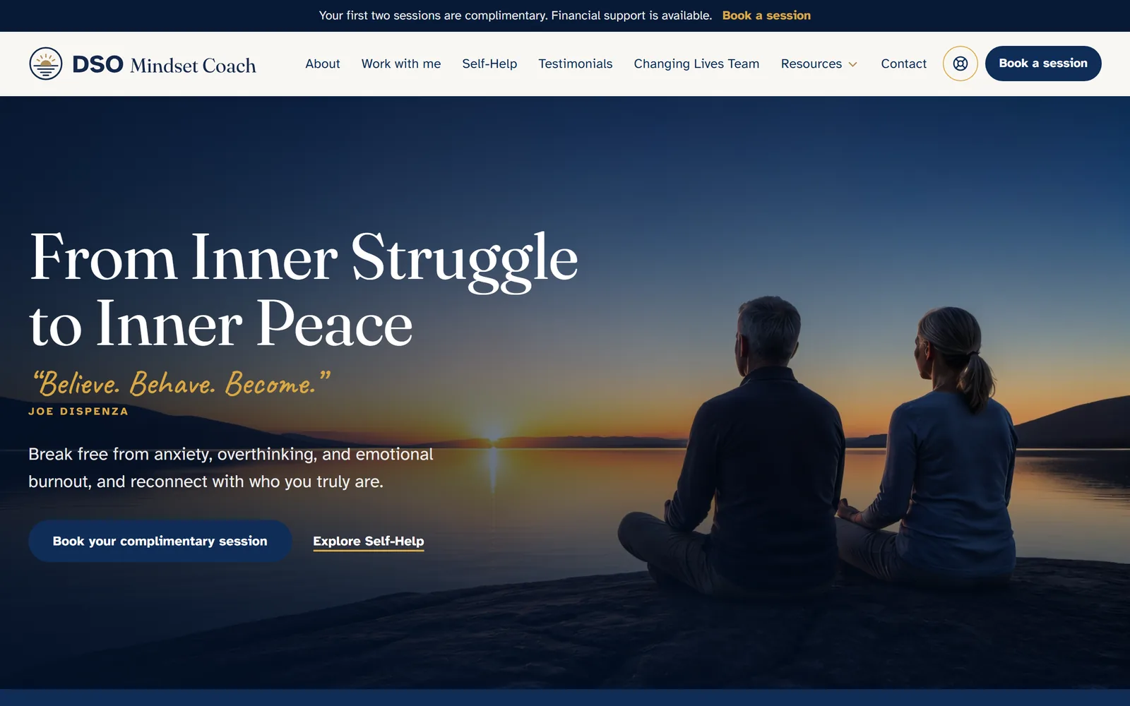 DSO Mindset Coach home page: a navy hero with the headline From Inner Struggle to Inner Peace over a lakeside sunrise